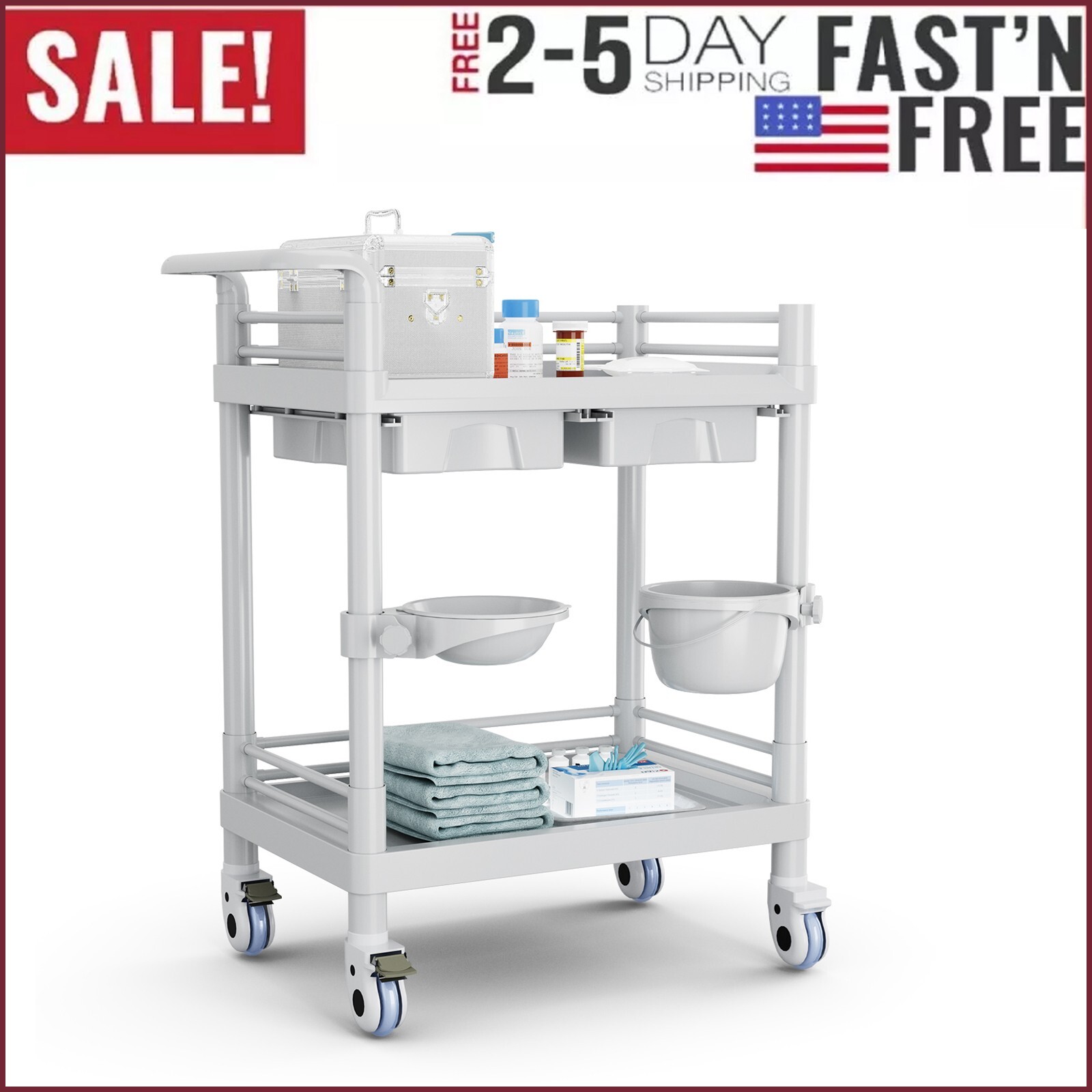 USA Dental Mobile Medical Cart Instrument Trolley Cabinet with Drawers Wheels