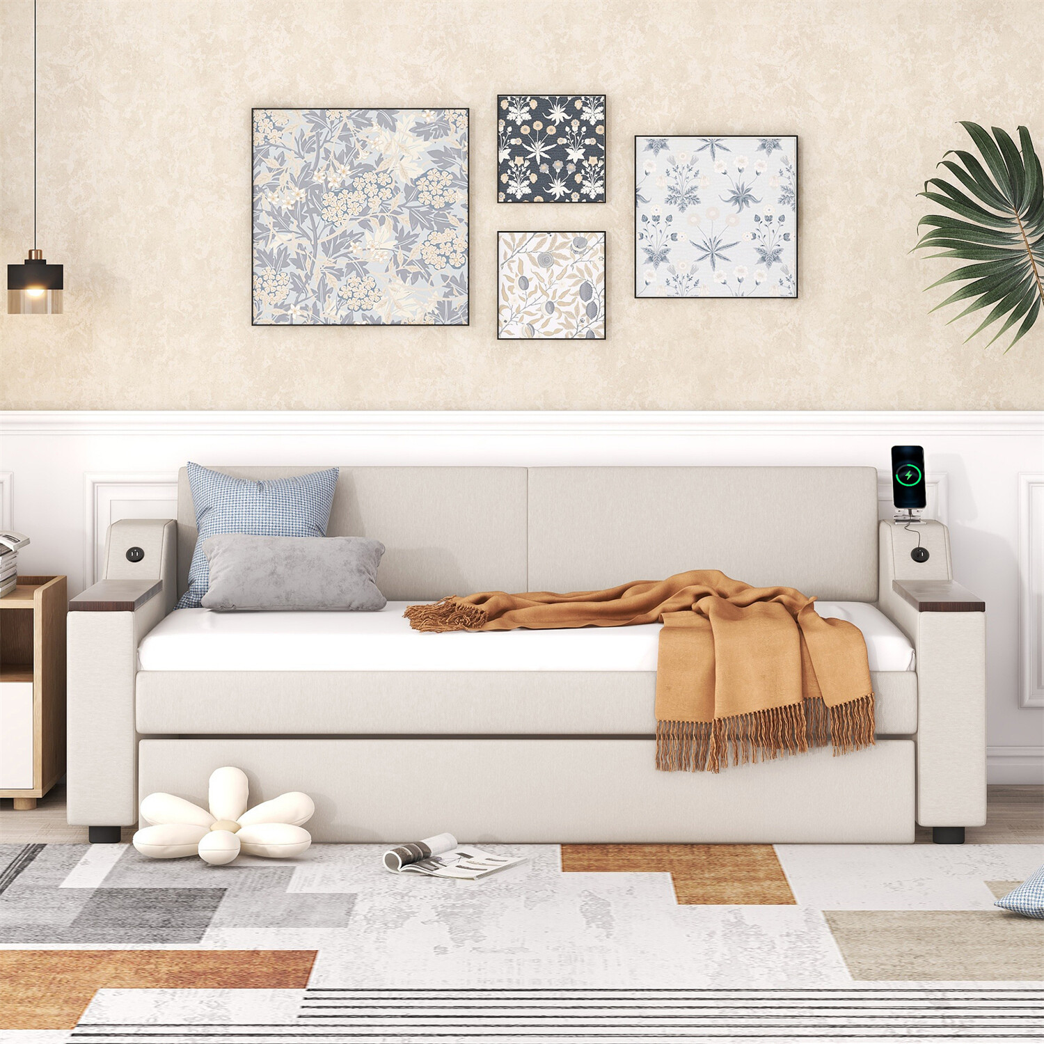 Twin Size Daybed Upholstered Bed Frame Sofa Bed with Trundle Bed Beige