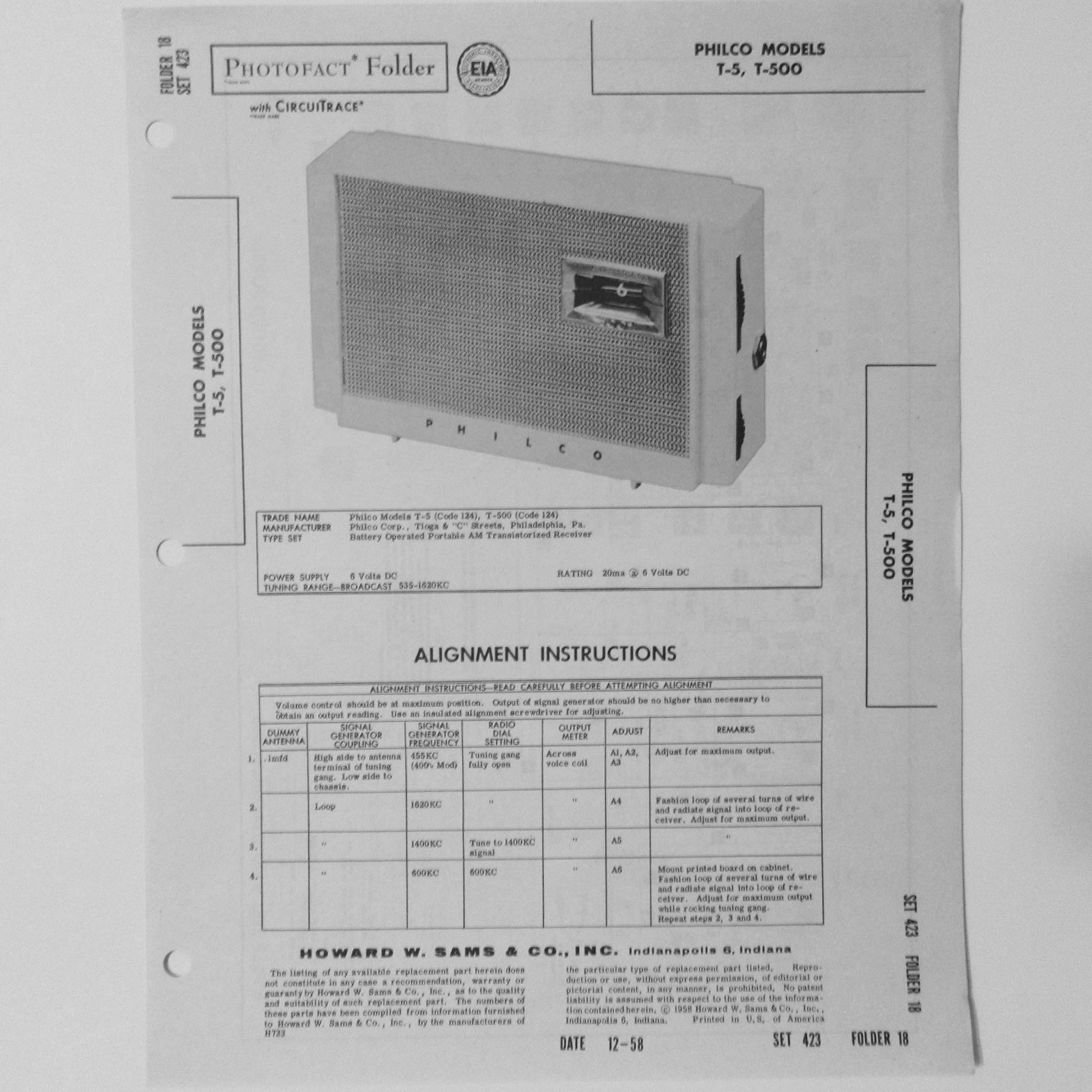 Philco Models T-5 T-500 Table Top AM Radio - SAMS Photofact ™ 1958 New
