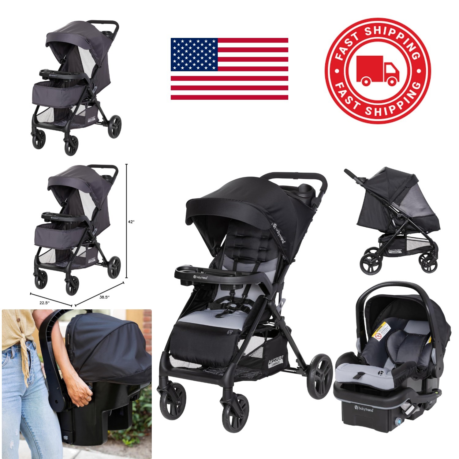 Passport Carriage Stroller Travel System with EZ Lift Infant Car Seat Dash Black