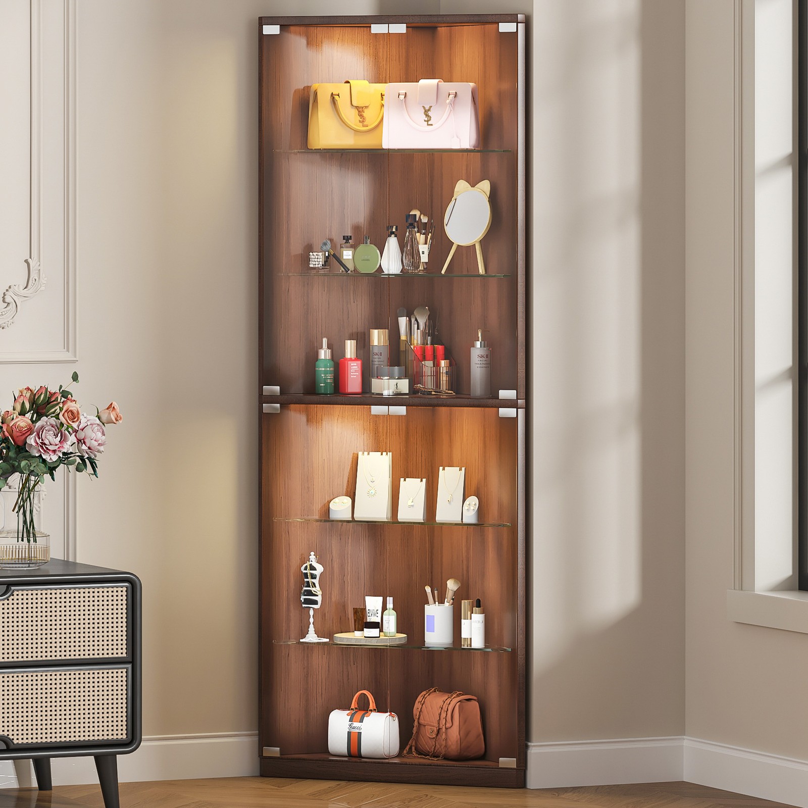 6-Tier Corner Display Cabinet w/ Adjustable Shelves Curio Cabinet w/ LED Lights