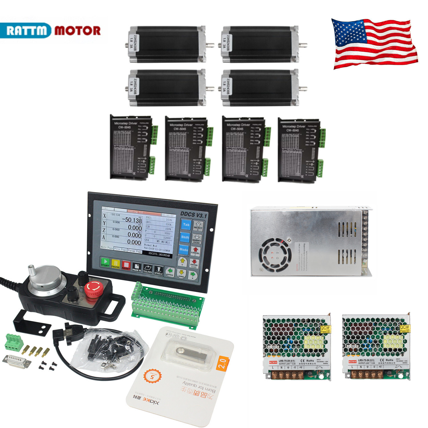 4 Axis Nema23 Stepper Motor 425oz-in 3A Driver DDCSV3.1 CNC Controller MPG Kit