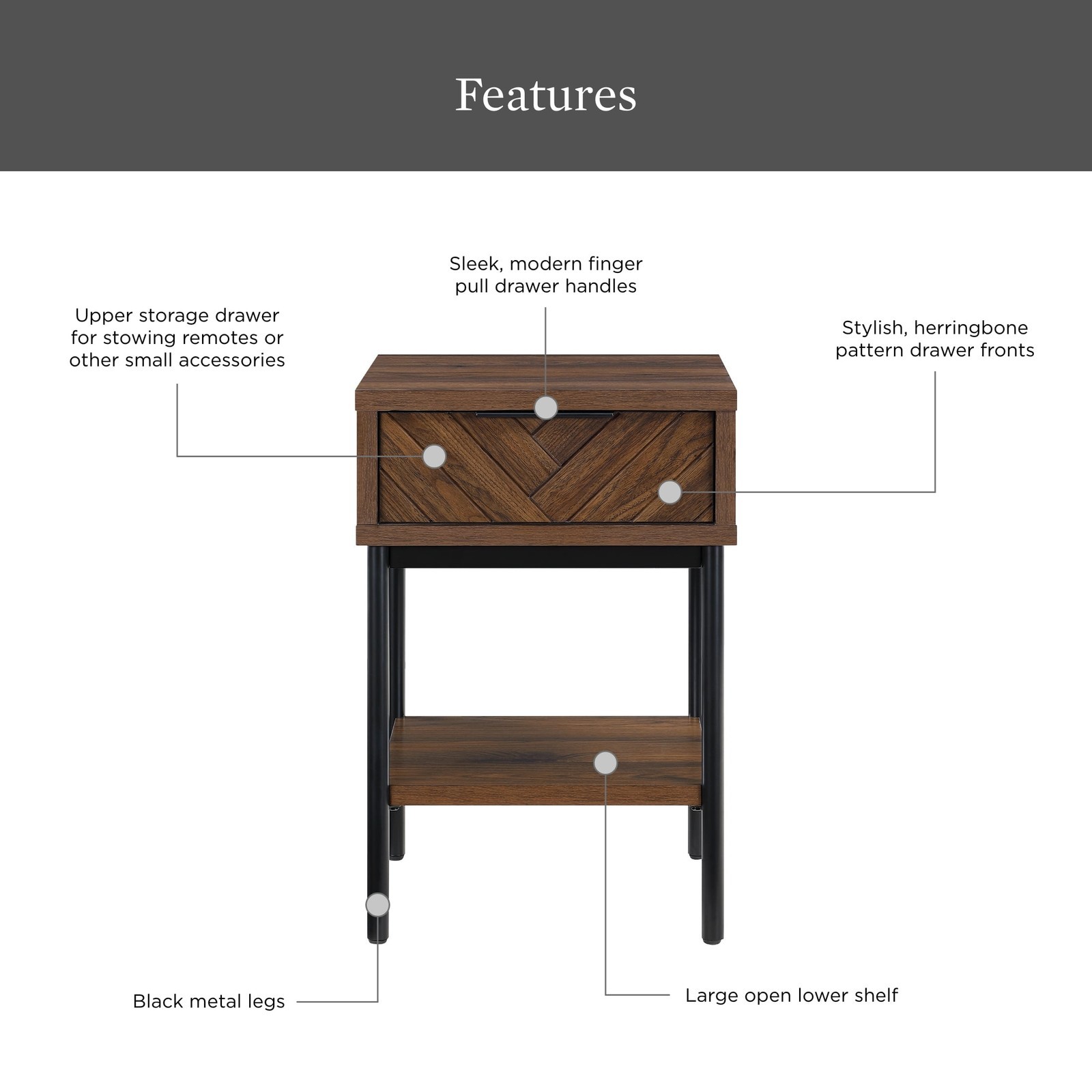 Geo End Table Walnut Finish with Bottom Shelf Living Room Accent Table