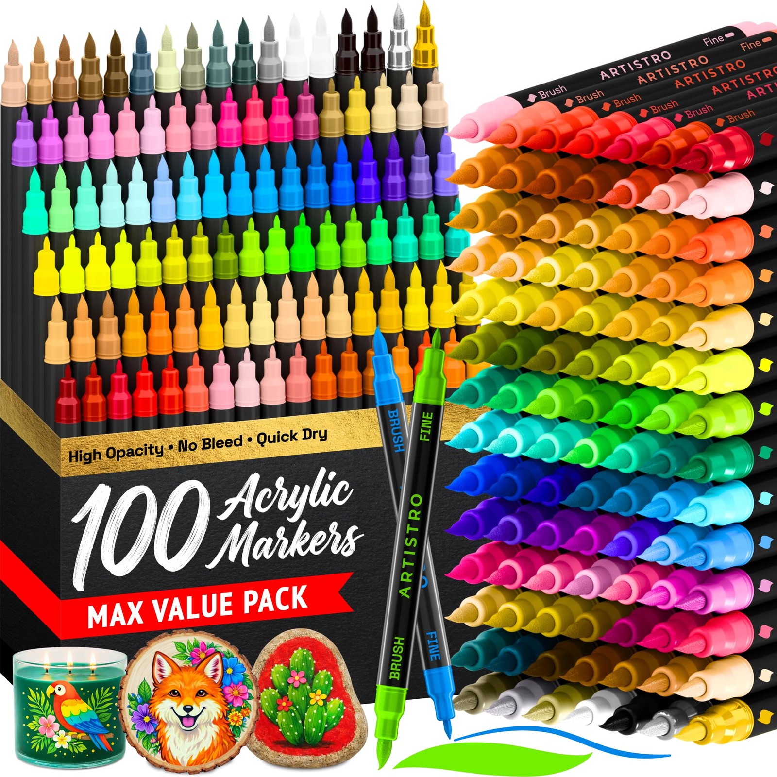 100 Dual Tip Acrylic Paint Markers, Paint Pens, Drawing Markers for Textile, ...