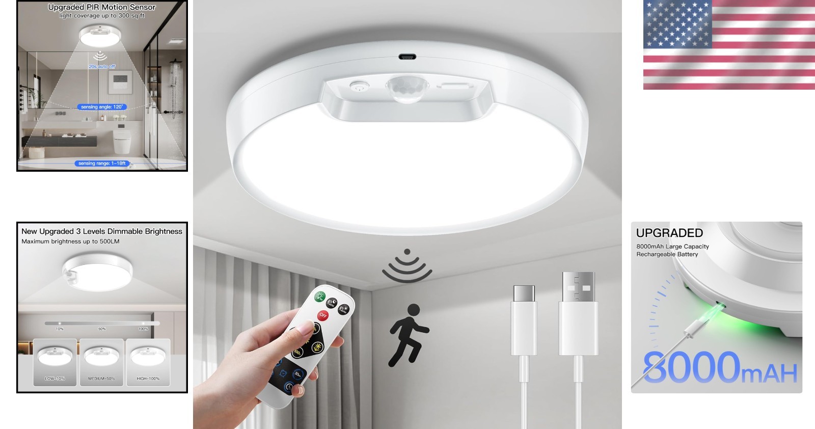 Stylish Rechargeable Ceiling Light - Waterproof, Motion Sensor & Remote Control