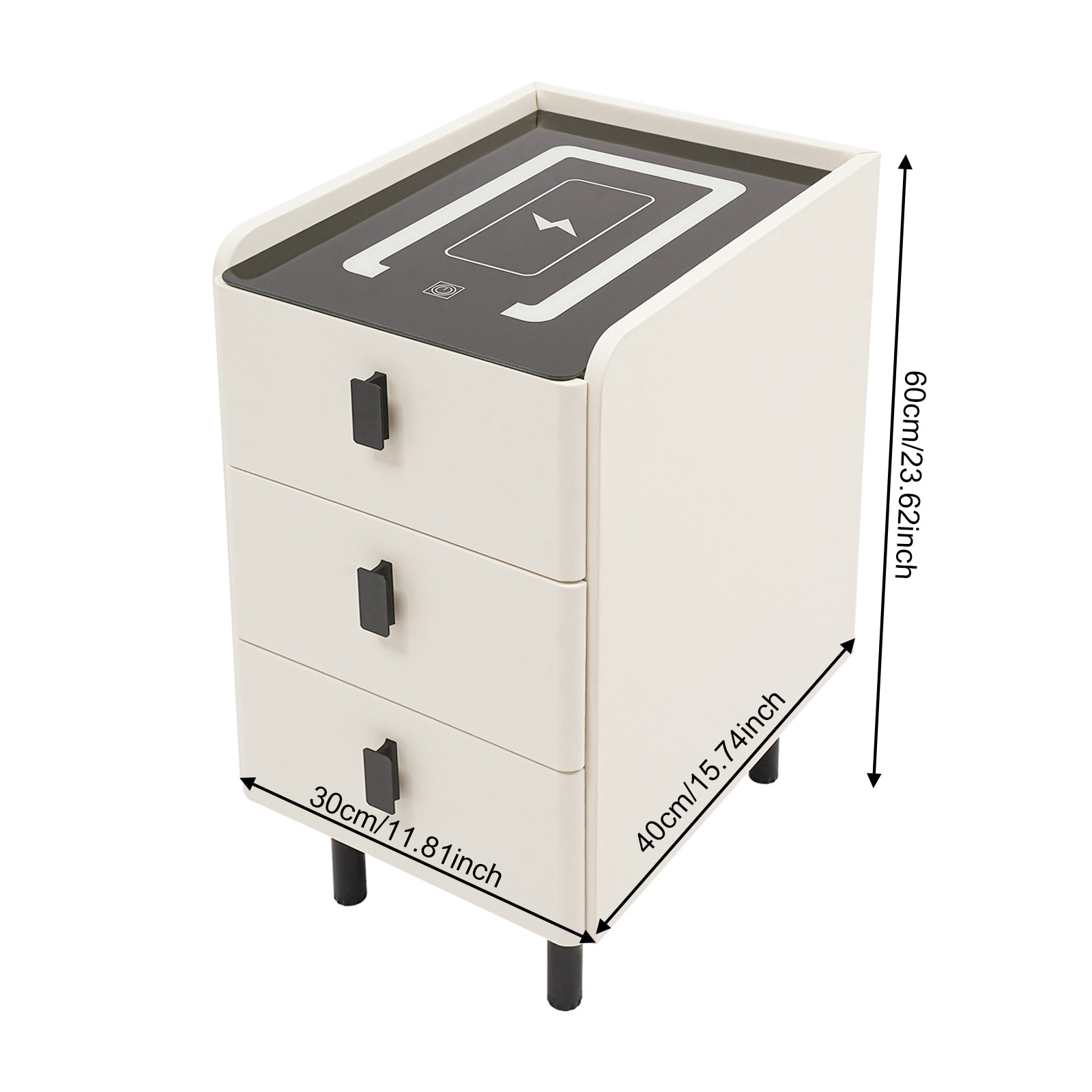 3 Drawers Smart Bedside Table Nightstand With LED Light+Wireless Charging+USB