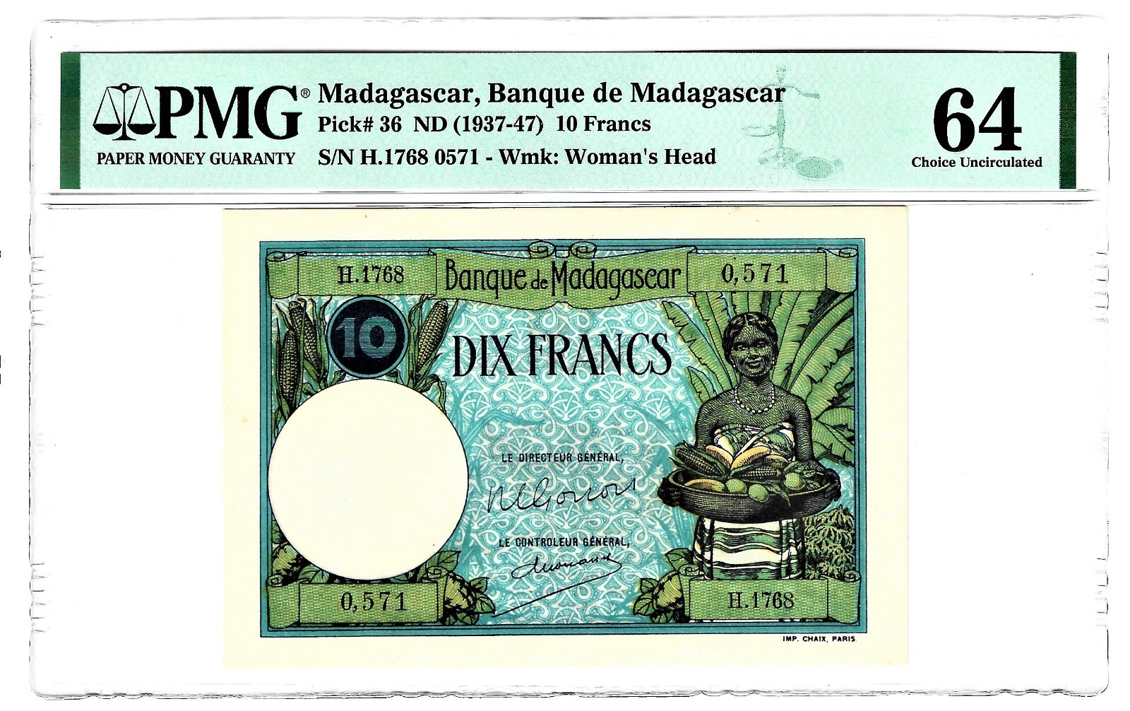 Madagascar Banque de Madagascar 10 Francs ND (1937-47) Pick 36 PMG Choice Unc 64