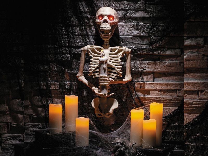 Skeleton Wall Sconce Halloween Prop 18" Light Up Flickering Candle Haunted House