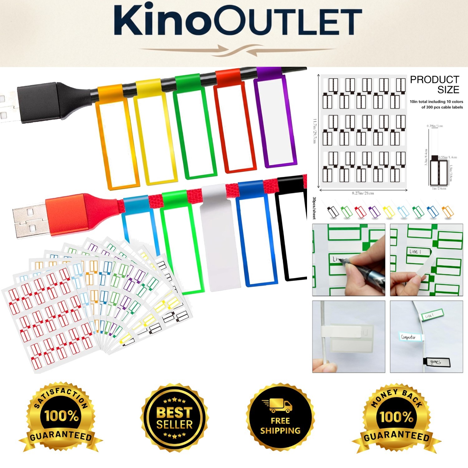 300 PCS Waterproof Cable Labels in 10 Vibrant Colors for Effortless Management