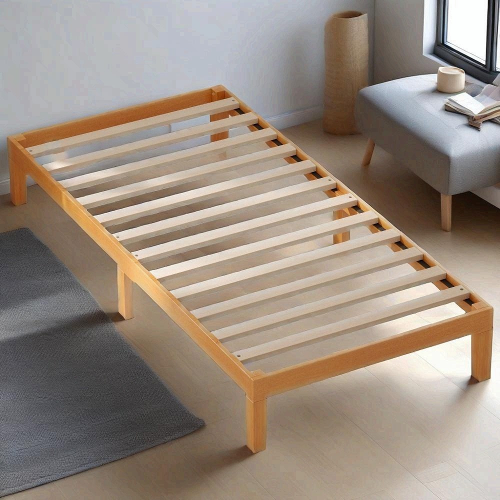Twin Size Solid Wood Bed Frame, Bed Base with Wood Slat Support