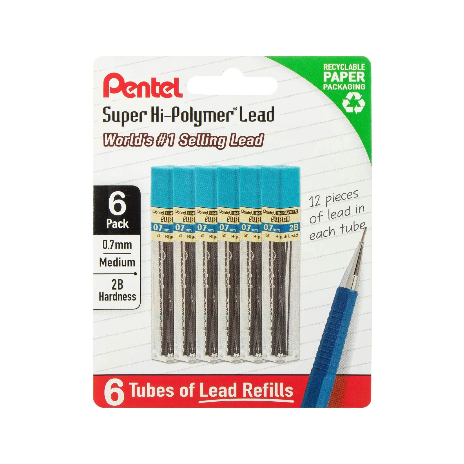 Pentel Super Hi-Polymer Lead Refills, 0.7 mm, 2B, 72 Pieces (12 pcs per tube, 6