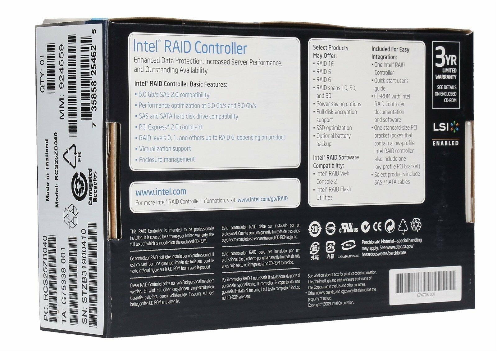 Intel RCS25ZB040 PCI-E 3.0 x8 (MD2 compliant) SATA/SAS RAID SSD Cache Controller