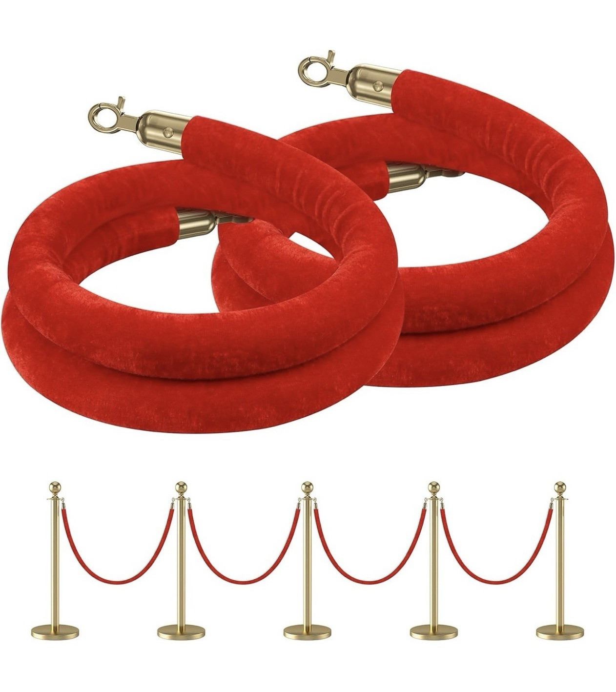 2 Pack Red Velvet Stanchion Barrier Rope 5ft with Gold Lobster Hooks
