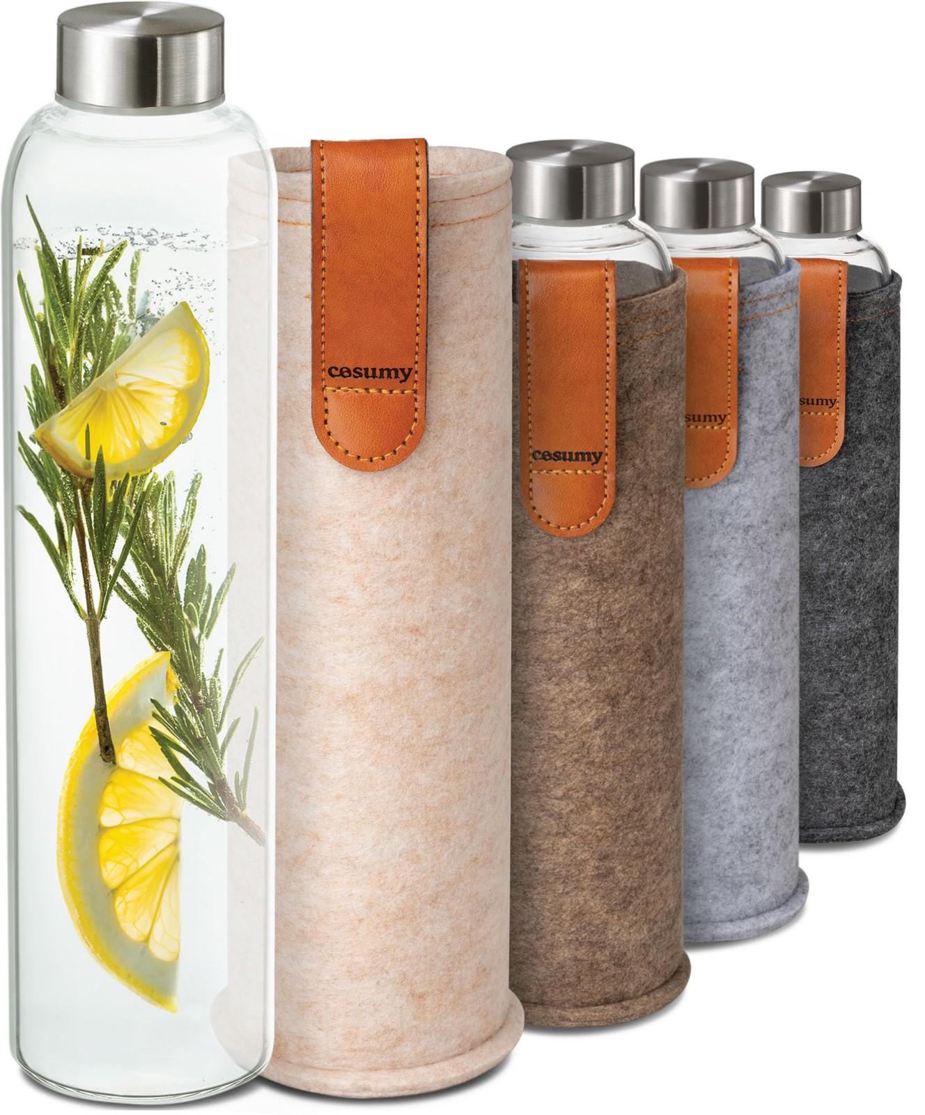 Glass Water Bottle 25oz with Felt Sleeve - Borosilicate Glass - Leakproof Lid...