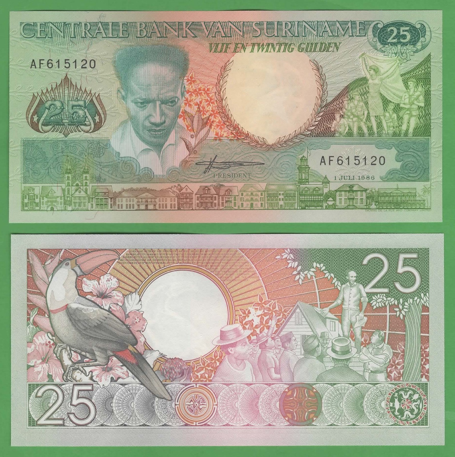 Suriname 25 Gulden 1988 UNC P-132 World Banknote Anton de Kom Toucan