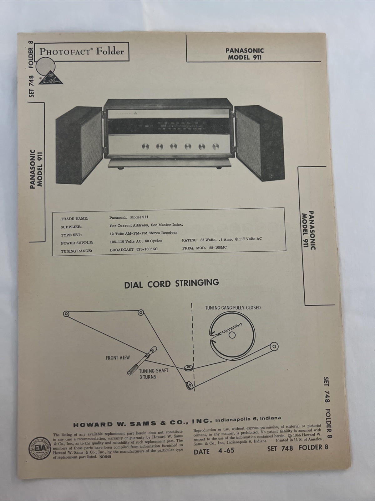 Vintage Sams Photofact Schematic 4-1965 PANASONIC MODEL 911