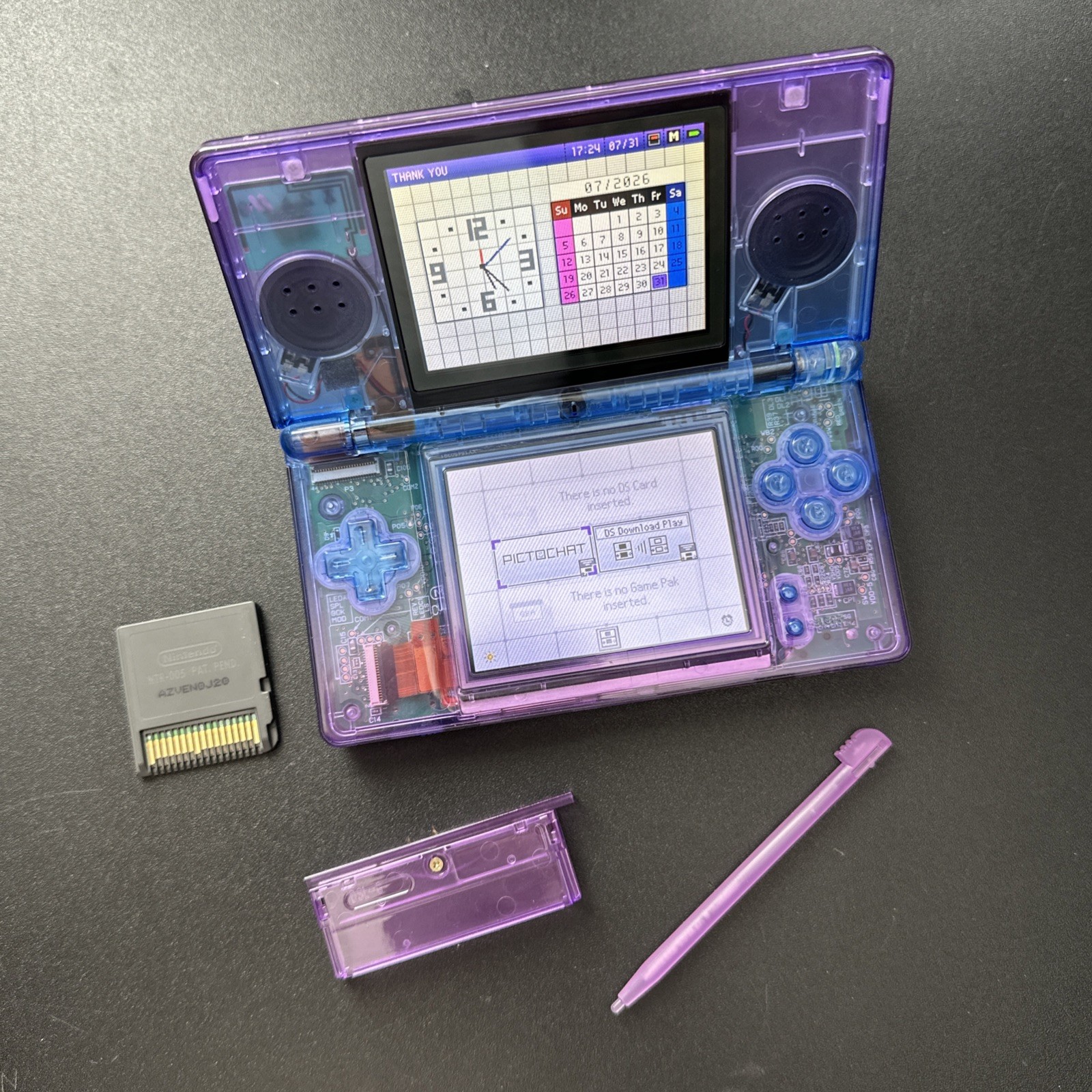 Nintendo DS Lite Console + Game + Replaced Charge Port & Clear Blue Purple Shell