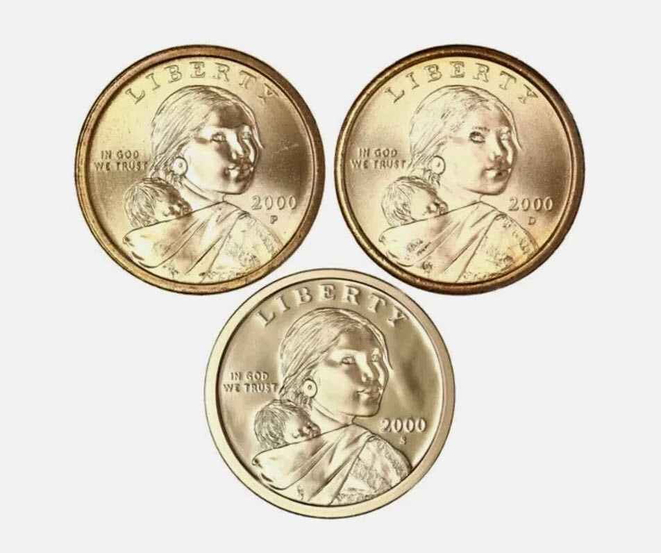 2000 P D S 3 Coin Set Sacagawea Native American Dollars UNC & Proof 1st Issue%.