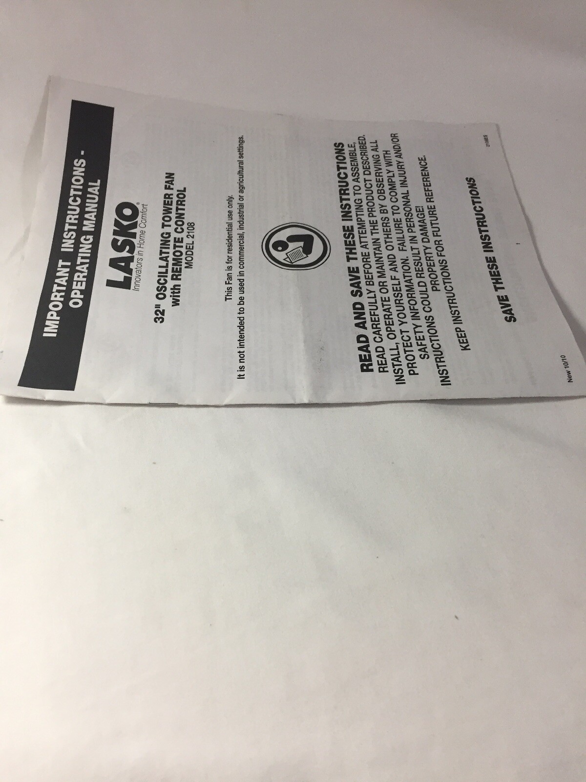 Lasko 32" ~ Oscillating Tower Fan Remote Model 2108 Operating Manual (Eng-Span)