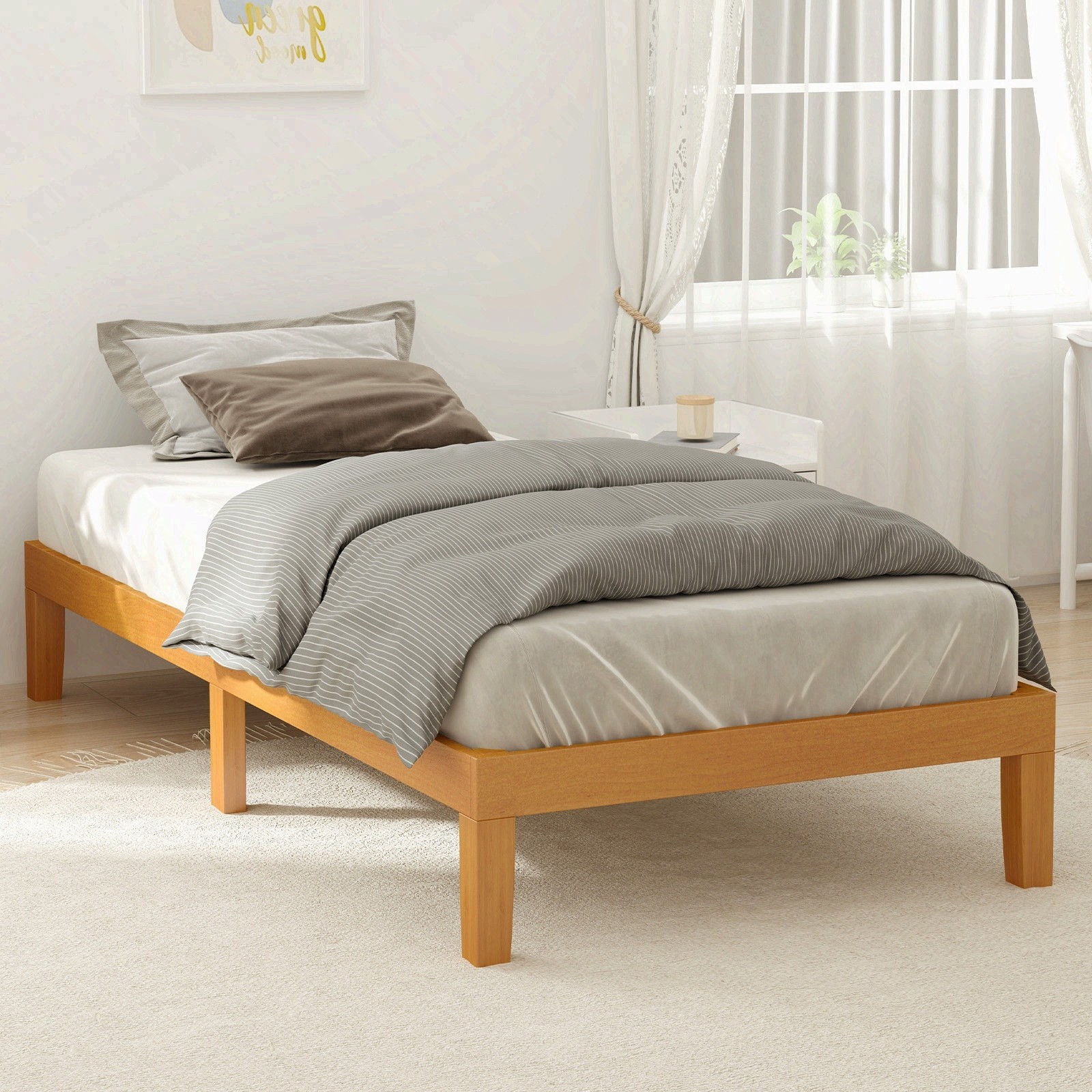 Twin Size Solid Wood Bed Frame, Bed Base with Wood Slat Support