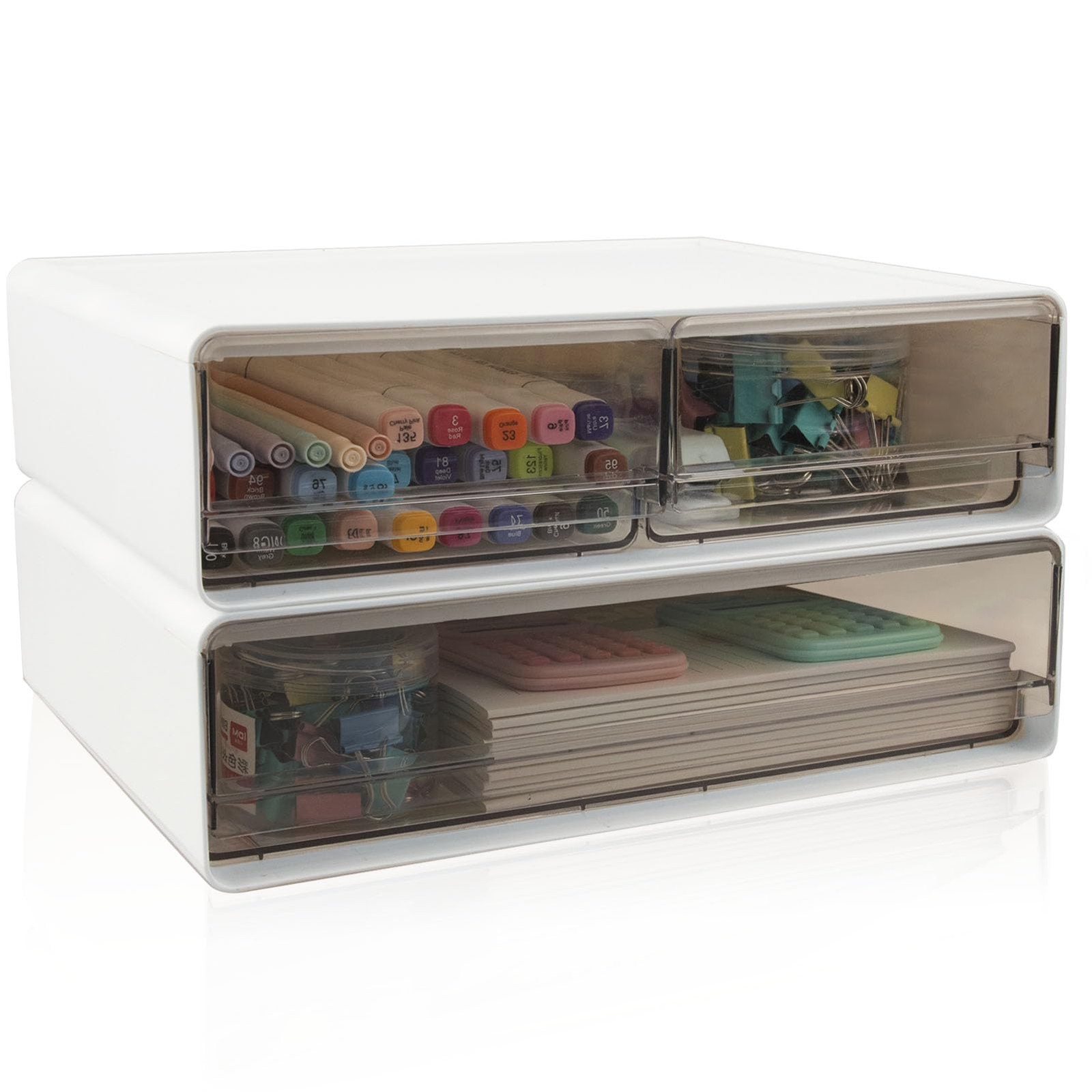 2 Packs Large Stackable Desk Organizer Drawers, Plastic Desk Storage Drawers,...