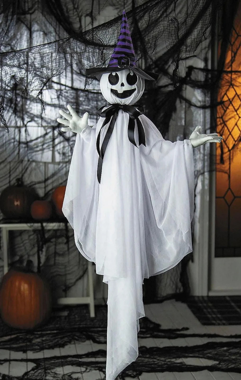 39 1/4" Animated Hanging Smiling Ghost with Witch Hat & Black Bow Halloween Prop