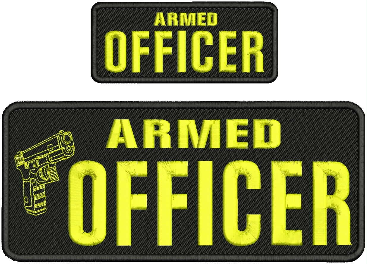 ARMED OFFICER embroidery patches 4x10 and 2x5 hook on back ON YELLOW ON BLACK