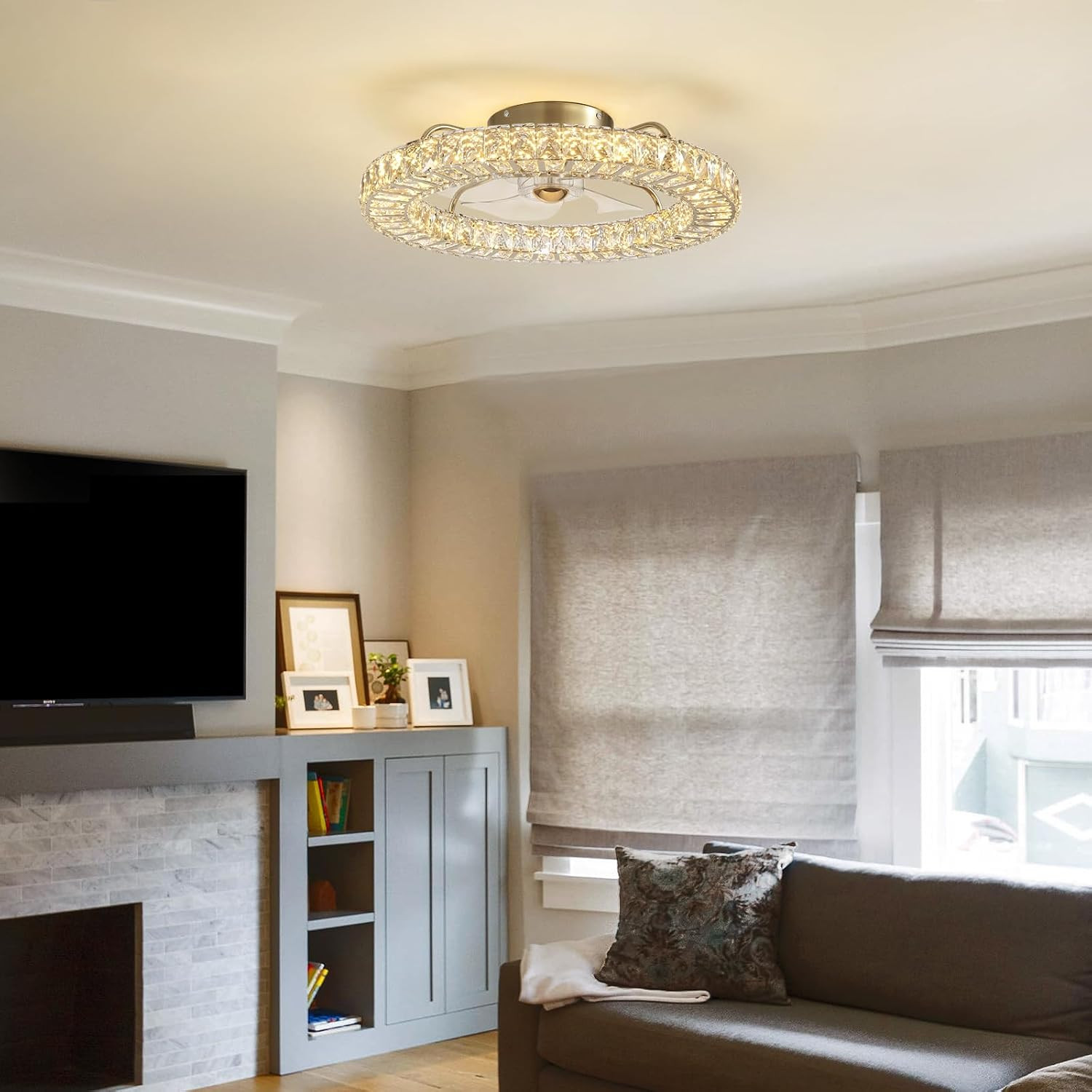 22" Low Profile Flush Mount Ceiling Fan, Ceiling Fan with Light and Remote, Dimm