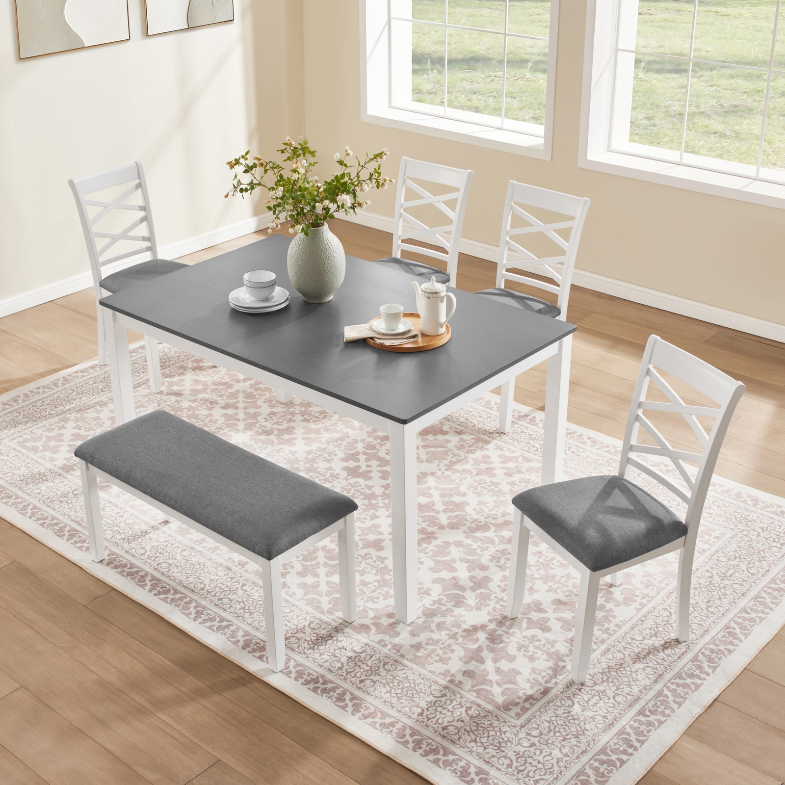 6-Piece Rectangular Wood Dining Table Set w/ Bench & 4 Upholstered Chair Modern