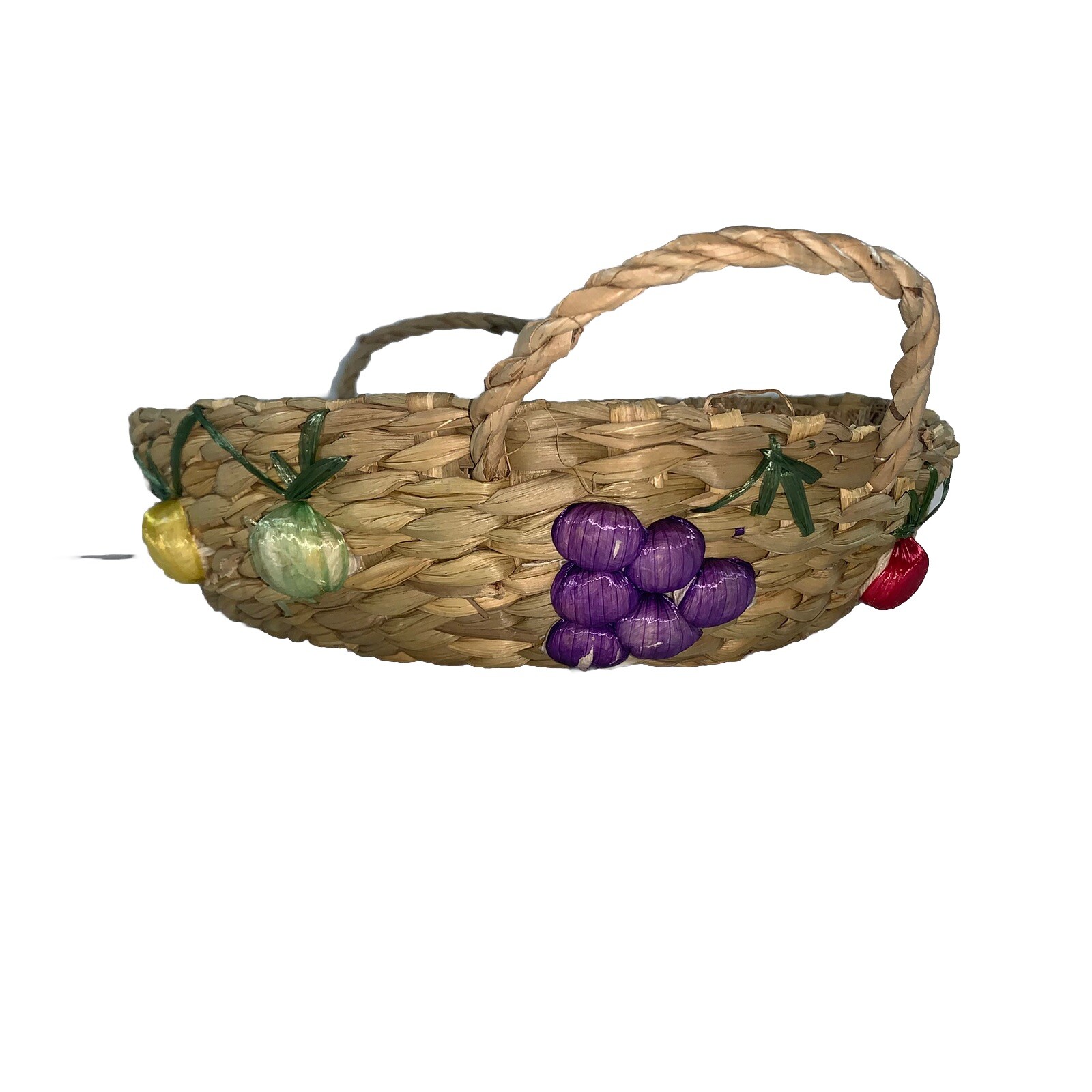 VTG Raffia Woven Straw Basket w Embroidered Fruit & Handles 9” Diameter READ