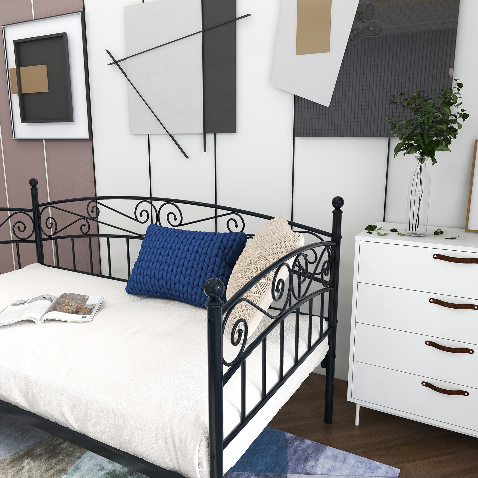 Metal Daybed Frame Multifunctional Mattress Foundation/Bed Sofa with Headboard,