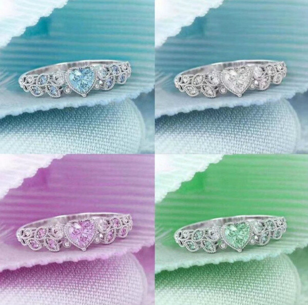 Pretty Jewelry Heart Cubic Zircon Girl Gift 925 Silver Filled Ring Sz 6-10