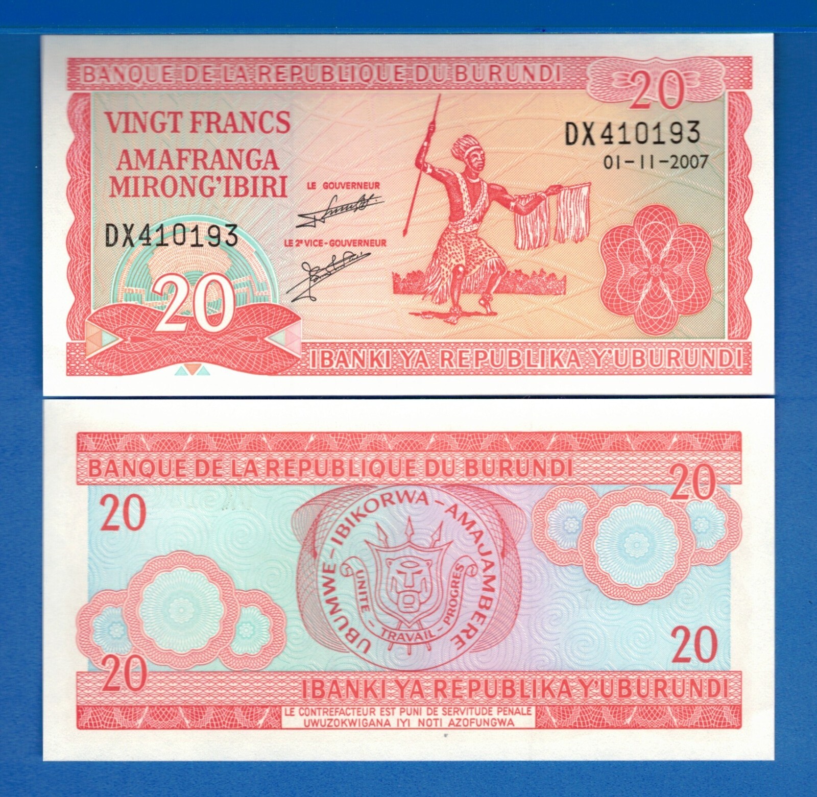 Burundi P-27 20 Francs Year 2007 Warrior Uncirculated Banknote