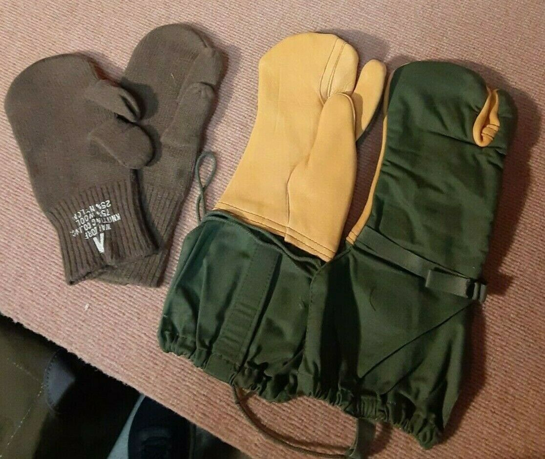 USGI Cold Weather Trigger Finger Mittens w Inserts Lanyard M1965 OD MEDIUM MINT