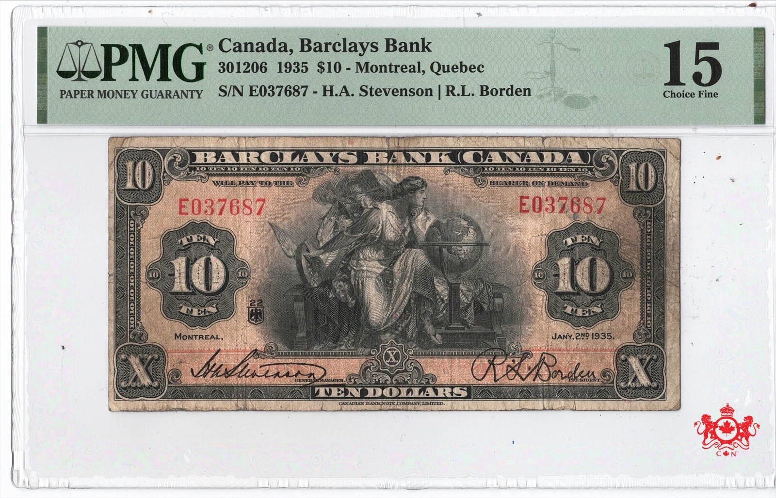 1935 Barclay’s Bank Canada 10$ Borden E037687 - PMG F15 -