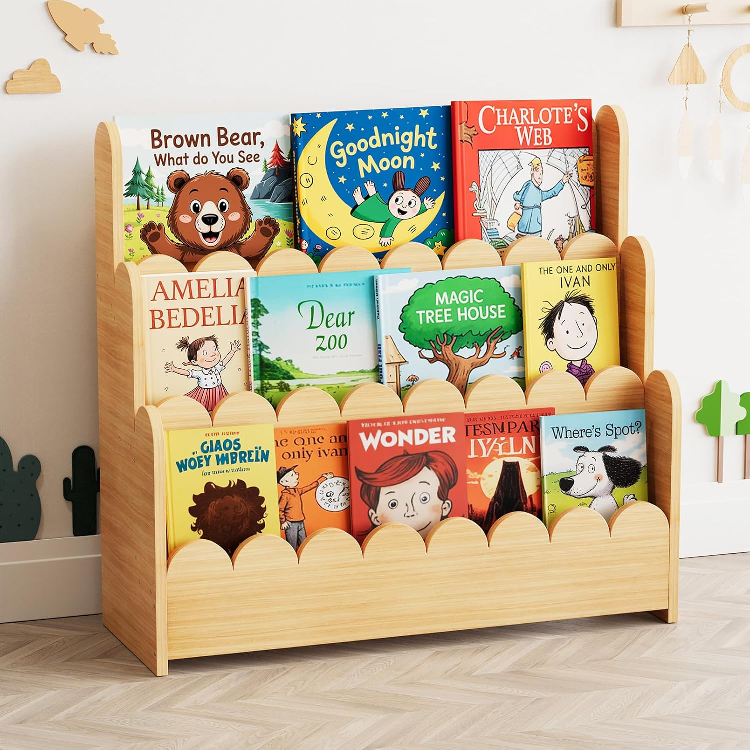 3-Tier Scalloped Bookshelf, Montessori Bookcase for Toddlers, Wooden Book Shelf