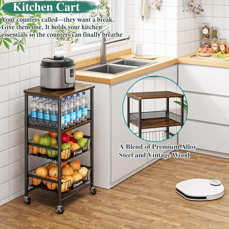 Rolling Kitchen Cart W/ Pull-Out Baskets Snack Organizer Fruit Storage New