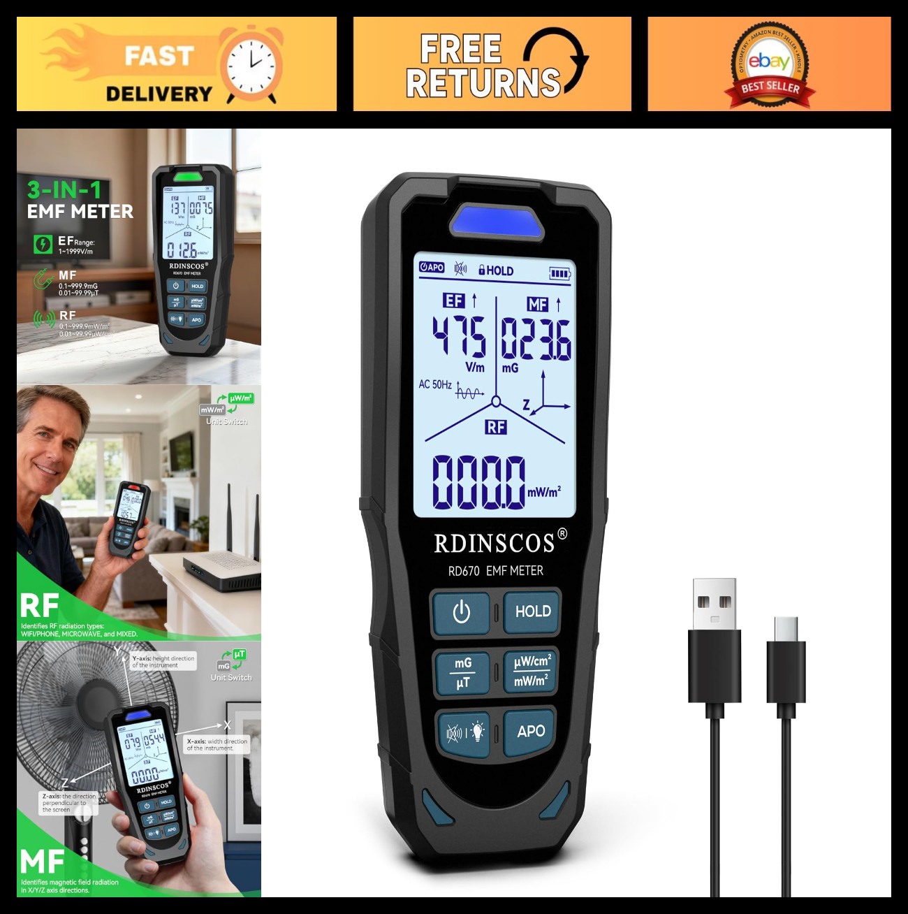 5G EMF Meter RF Detector - Multi-Sensor Electric Magnetic Field Tester 10GHz, LC