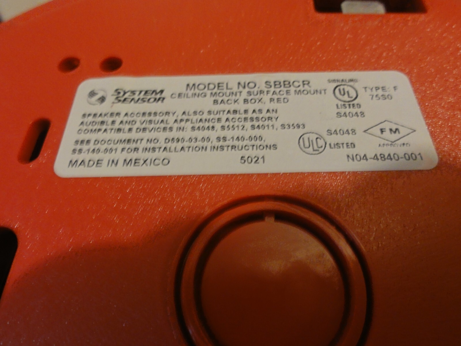 System Sensor SBBCR Ceiling / Surface Mount Back Box RED Spectr Alert Advance
