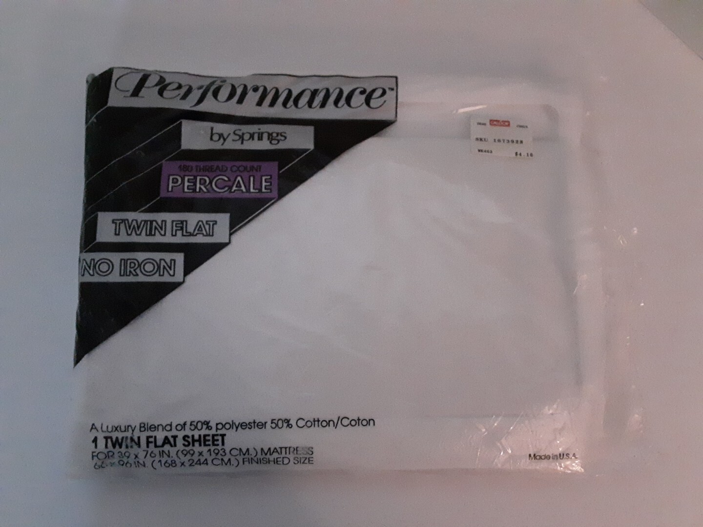 NOP VTG Performance Springs Twin Flat Sheet White Percale 180 Thread Count USA