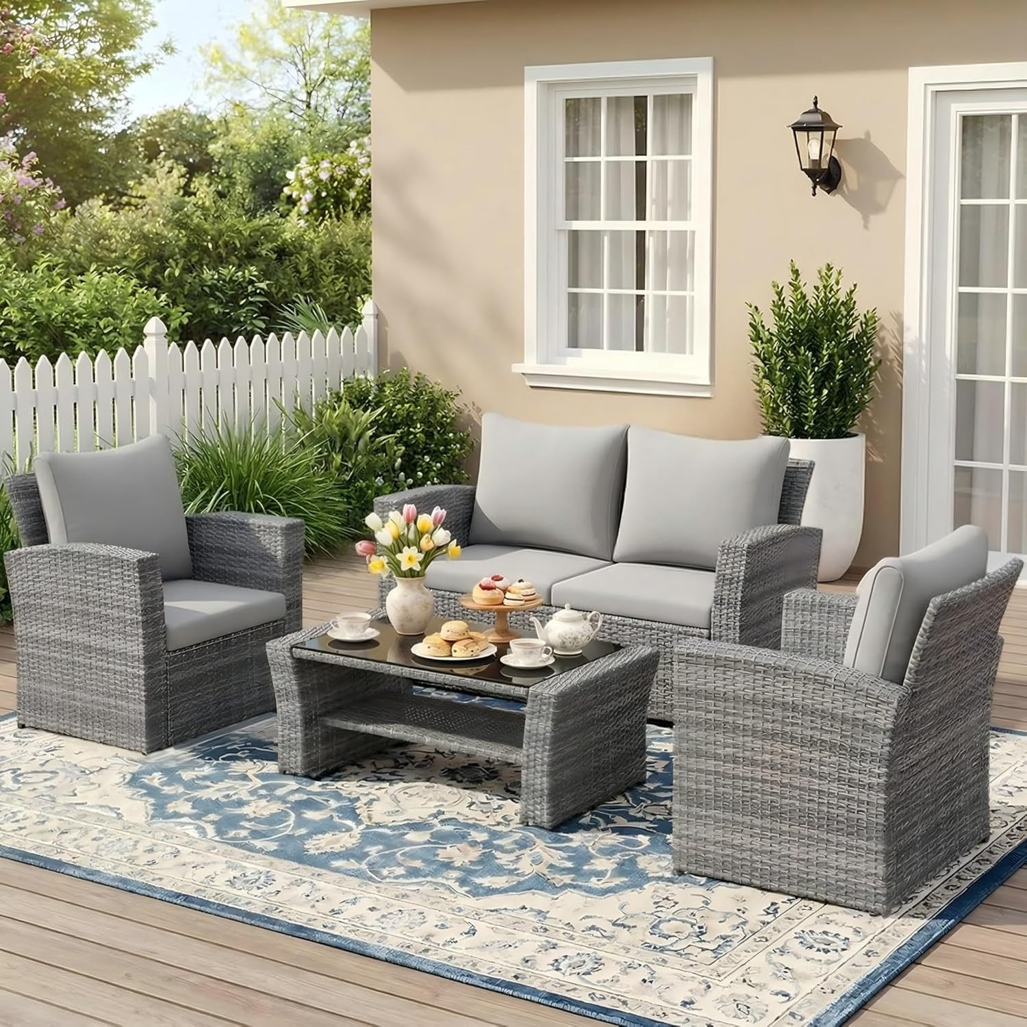 4 Piece Patio Furniture Set, Wicker Outdoor Patio Conversation Furniture Set, Al