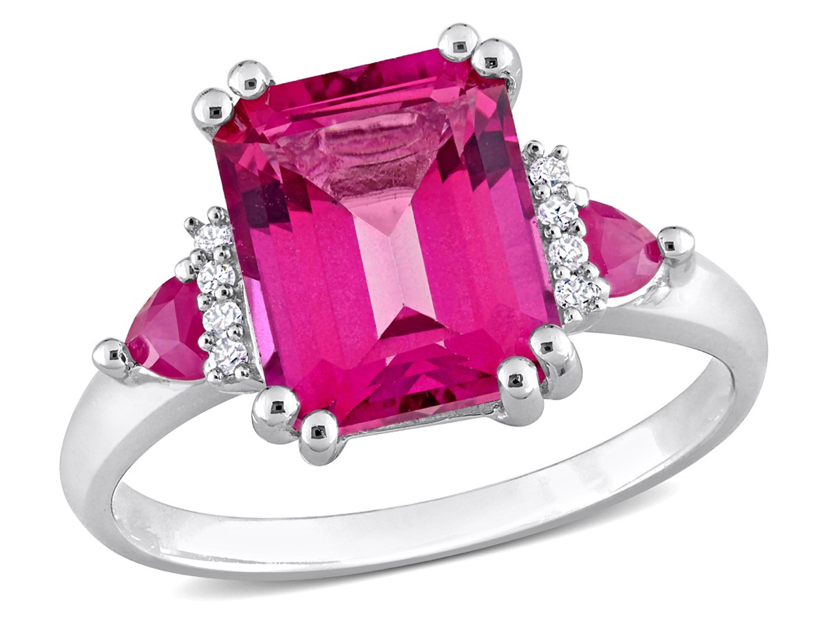 4.50 Carat (ctw) Pink Topaz & Ruby Three Stone Ring Sterling Silver