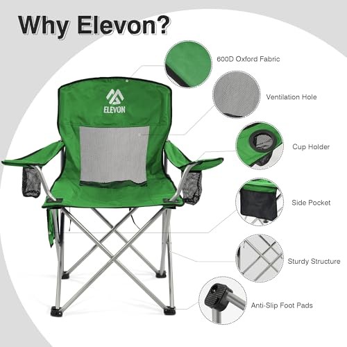 Camping Chair, Portable Folding Outdoor Chair with Arms, Cup Holder and Green