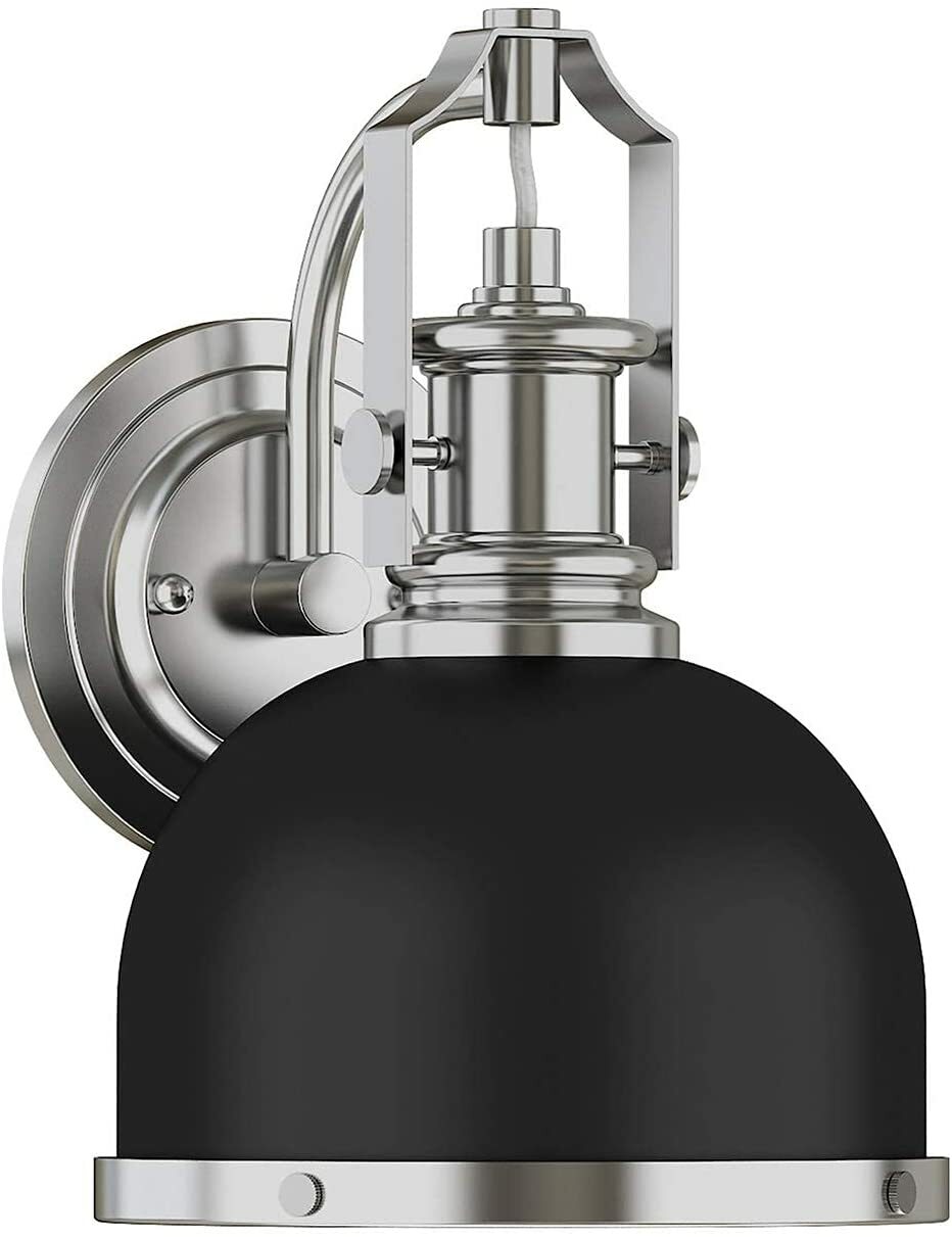 Industrial Wall Lamp, Black Vanity Wall Sconce with Matte Black Dome Shade