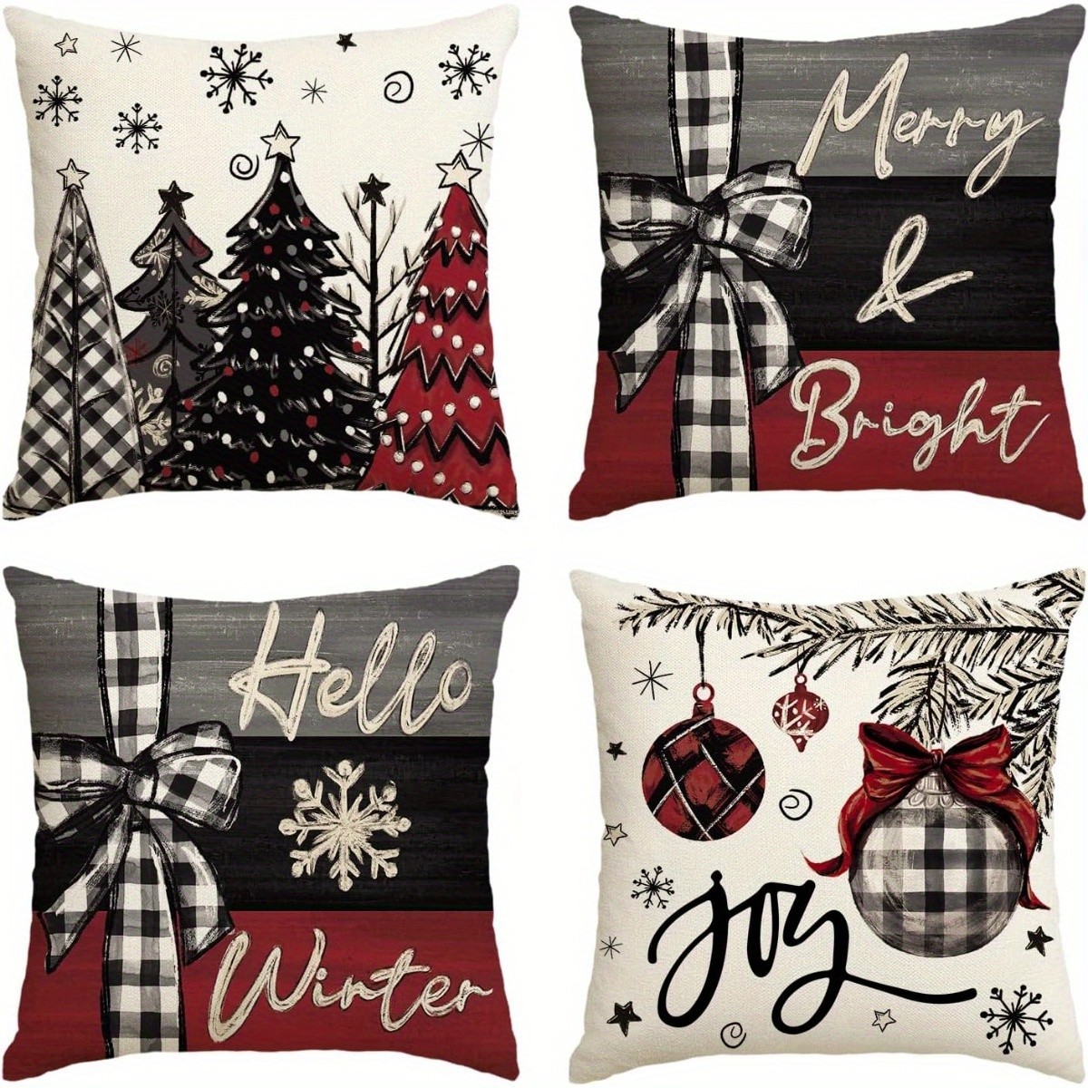 Farmhouse Pillow Covers Featuring Plaid Bow And Merry & Bright Lettering