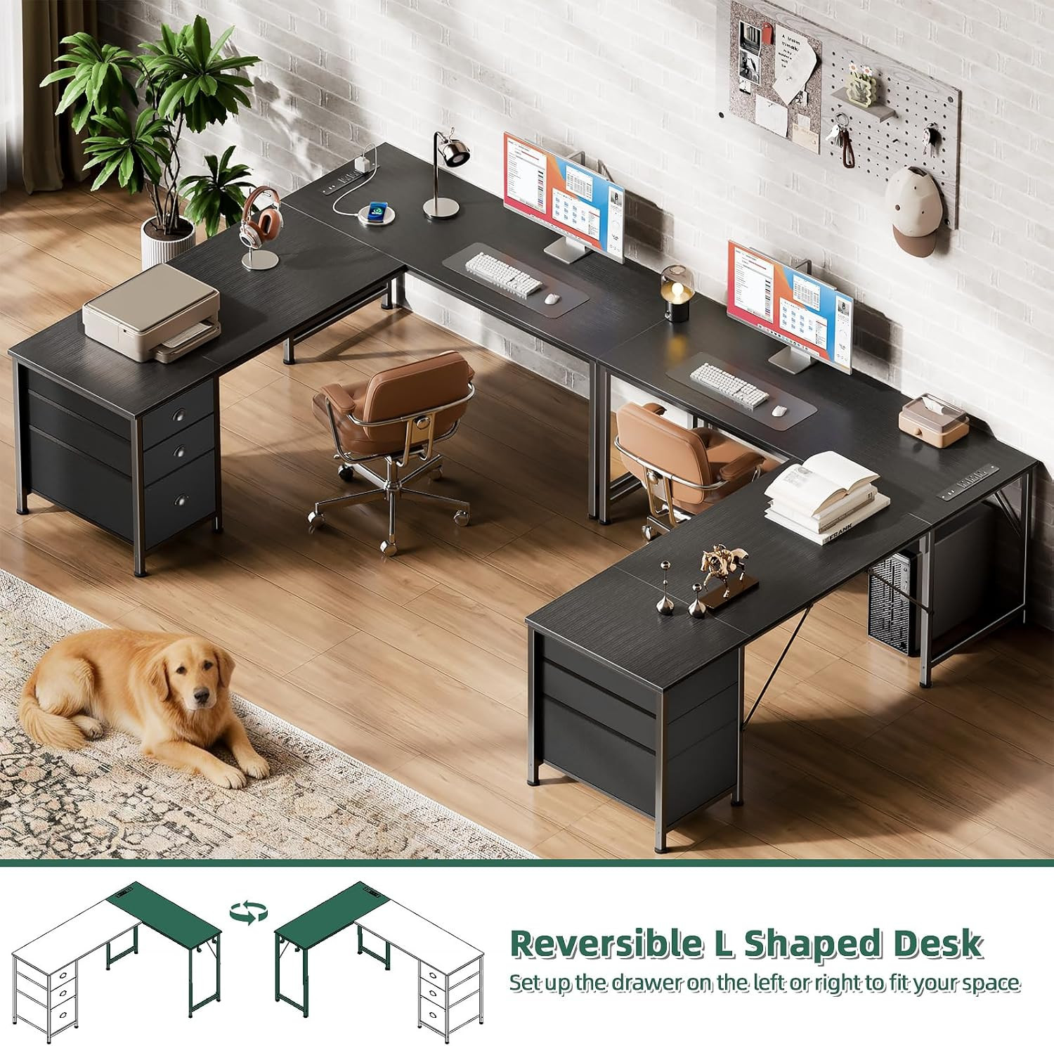 63" L Shaped Desk with Power Outlets & USB-C Port, Reversible Corner Computer De