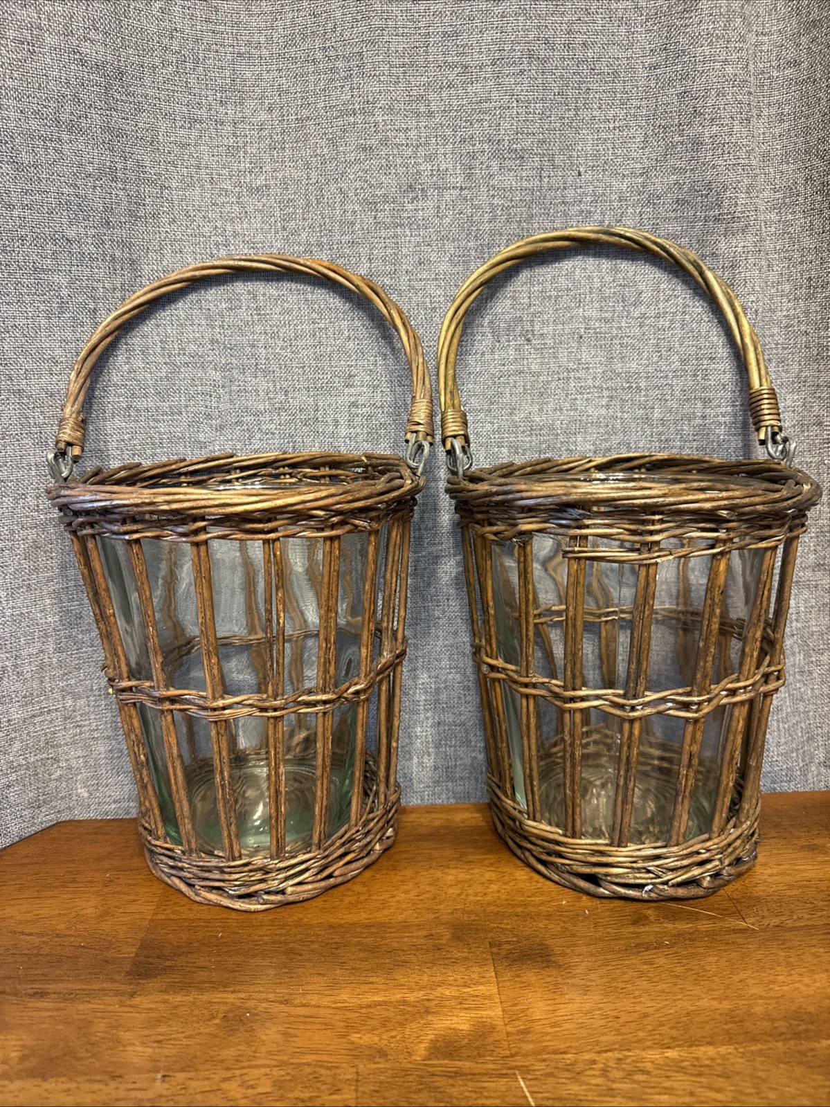 Lot of 2 Vintage Wicker Baskets With Glass Insert Plant Candle Flower Handles