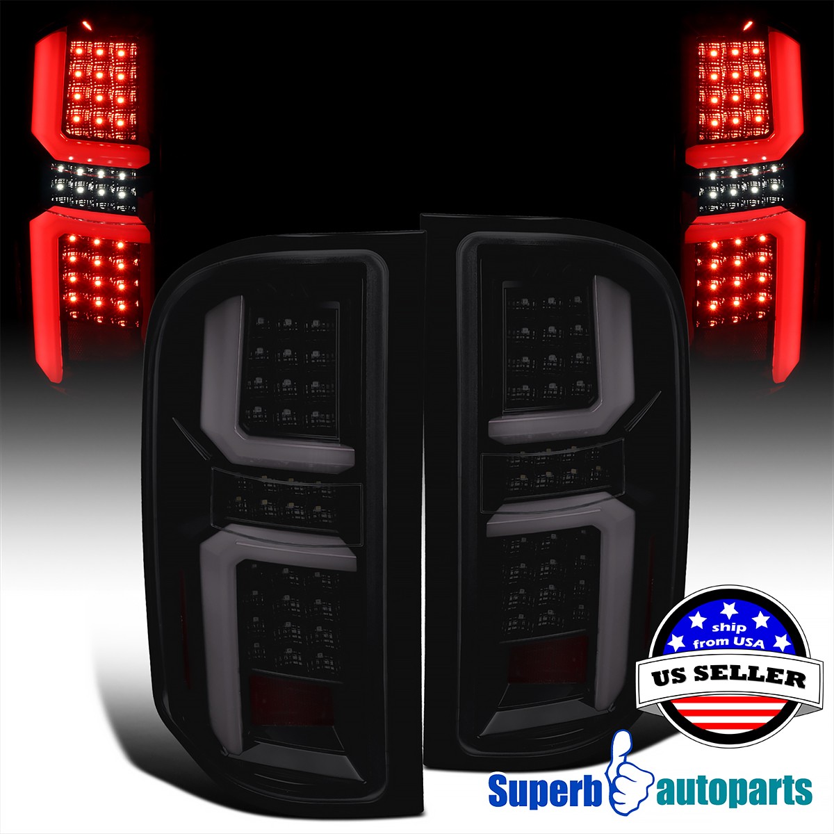 Fits 2007-2013 Chevy Silverado 1500 2500 3500HD Black/Smoke Tail Lights LED Bars