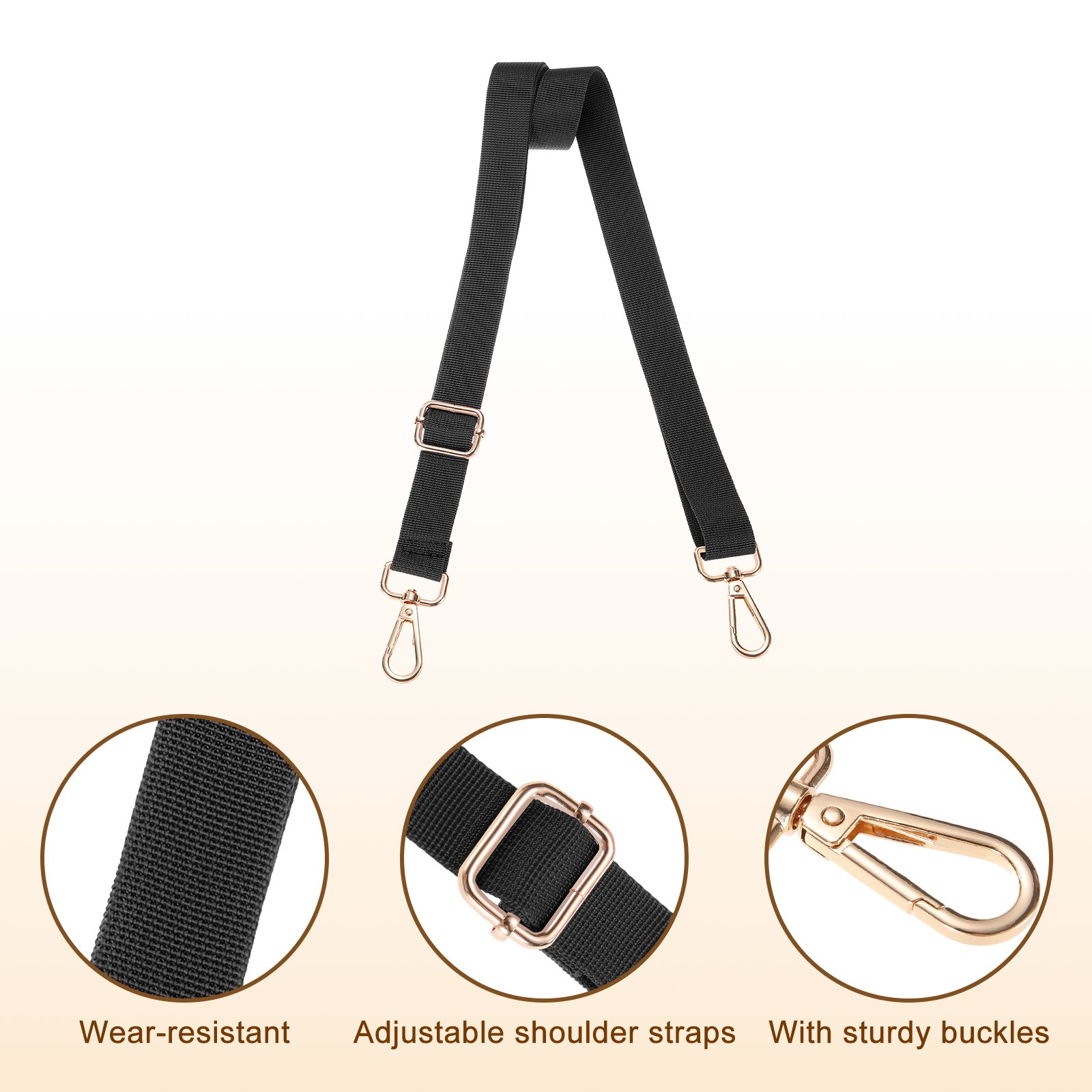 2.5cm Adjustable Black Wide Shoulder Strap with Light Gold Pull Core Buckle