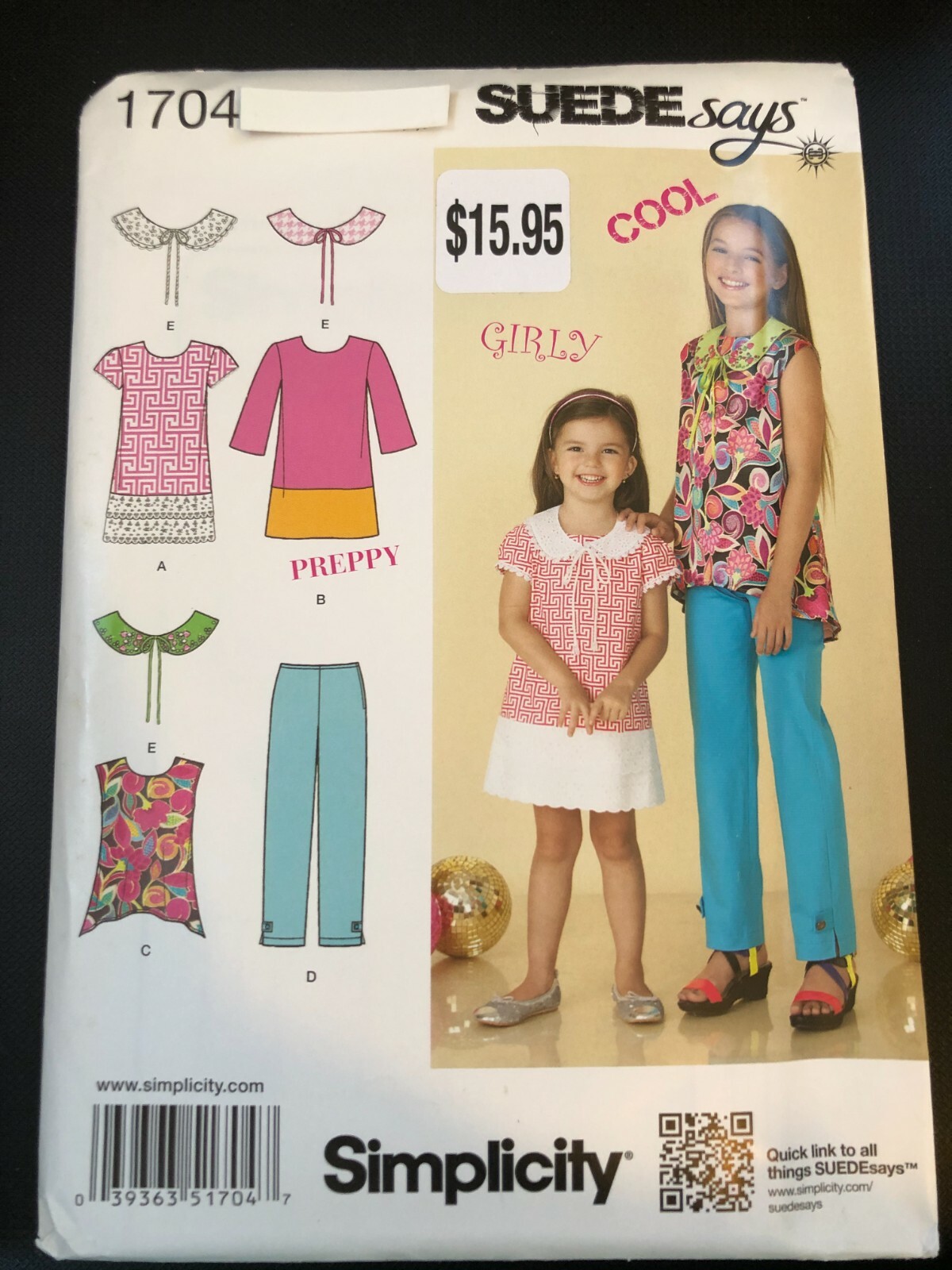 Simplicity Pattern 1704 Girls SUEDE SAYS Dress~Tunic~Pants~Detachable Collars